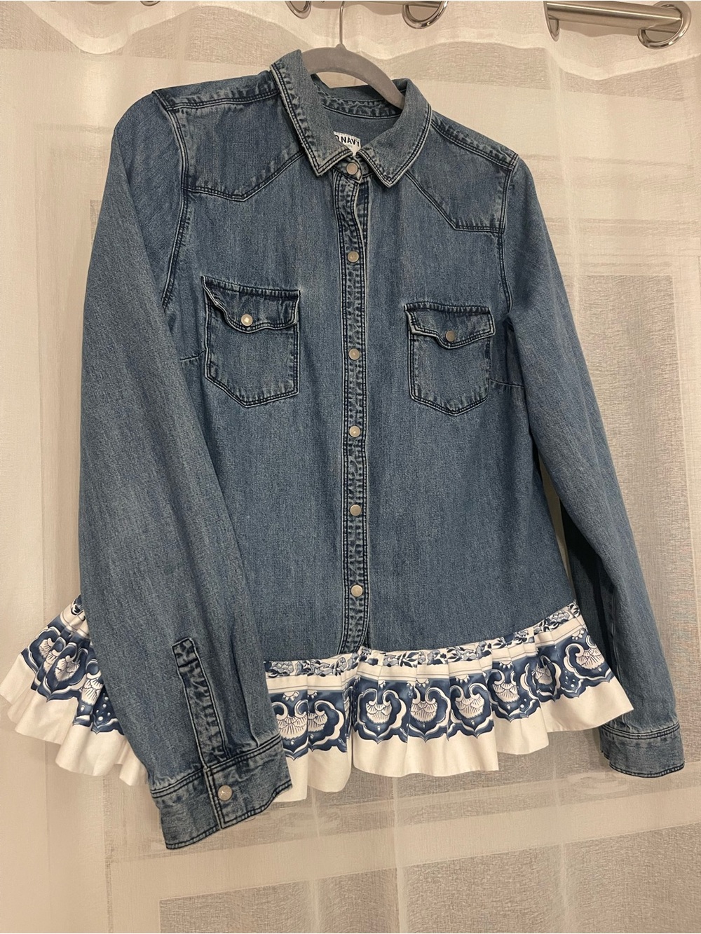 Old Navy Denim Jacket with Blue and White Decorative Hem OOAK